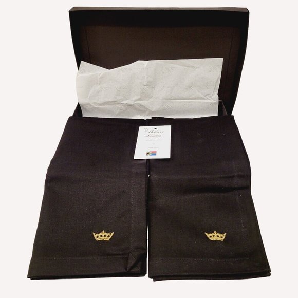 4 Handmade Melaire Table Cloth Napkin Linens Black Gold Crown Crest Embroidered - Picture 1 of 4